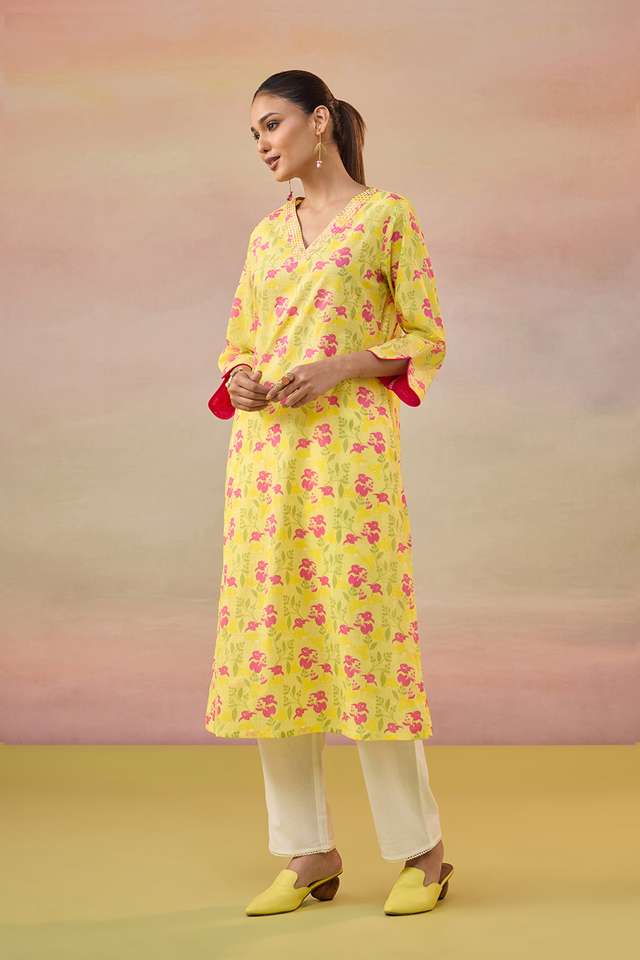 Yellow Screen Printed  Pure Cotton Kurta thumbnail image number null