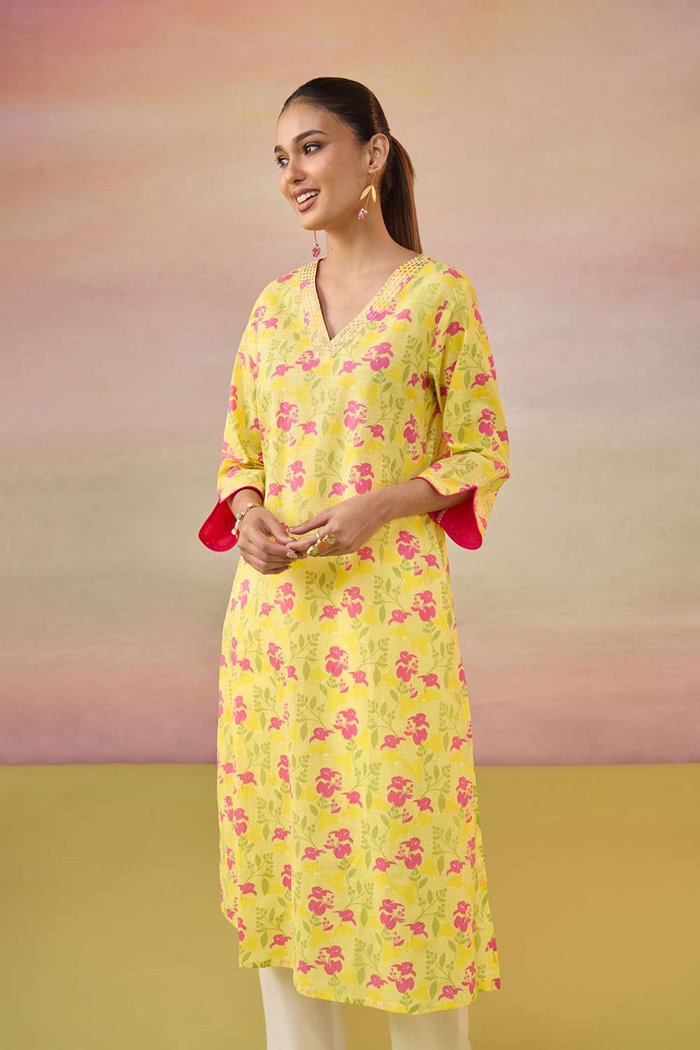 Yellow Screen Printed  Pure Cotton Kurta image number null