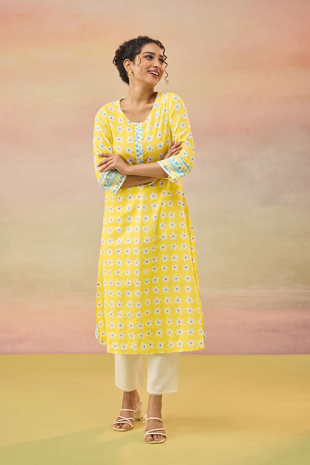 Yellow Screen Printed Pure Cotton Kurta image number null