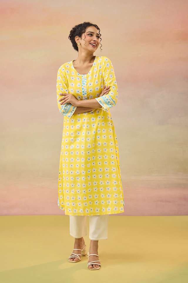 Yellow Screen Printed Pure Cotton Kurta image number