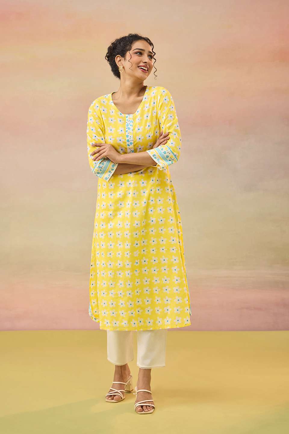 Yellow Screen Printed Pure Cotton Kurta