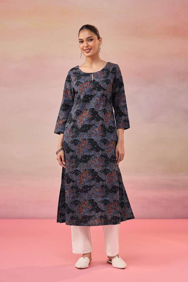 Black Pure Cotton Ajrakh Kurta image number