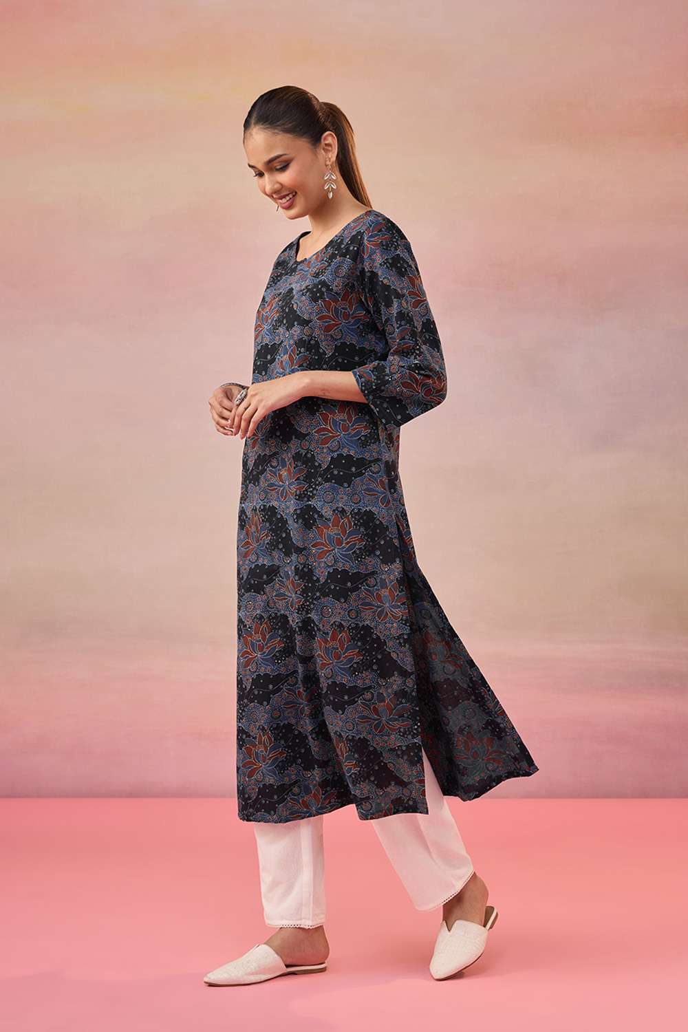 Black Pure Cotton Ajrakh Kurta image number null