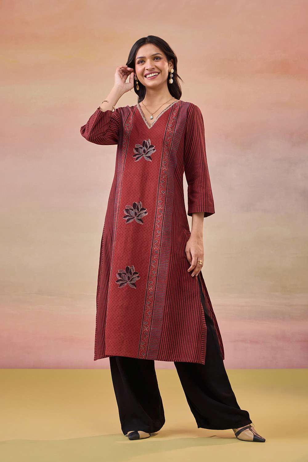 Red Pure Cotton Ajrakh Kurta image number null