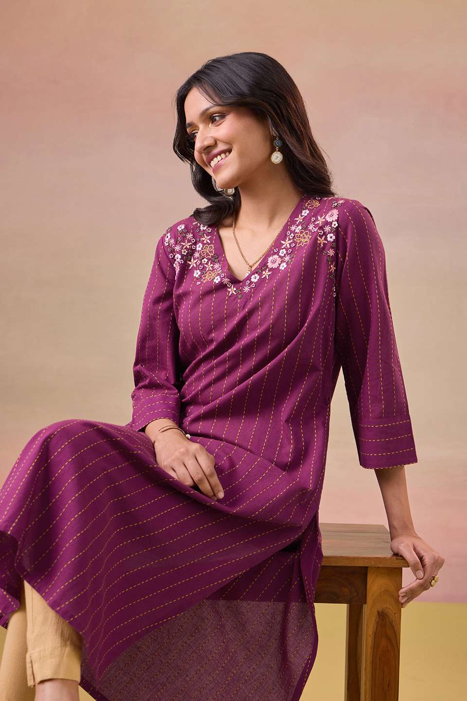 Purple Pure Cotton Embroidered Kurta