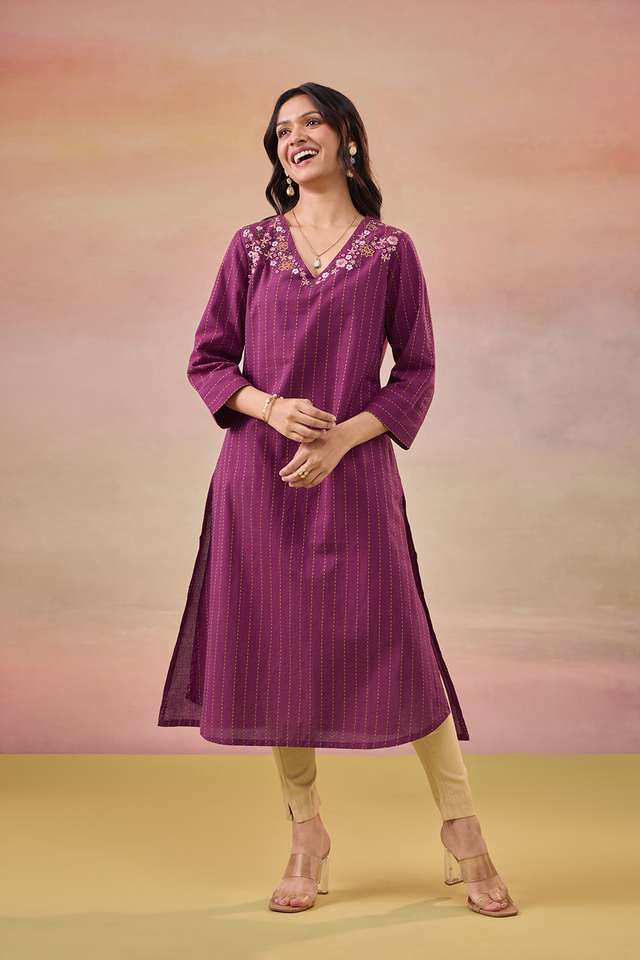 Purple Pure Cotton Embroidered Kurta thumbnail image number null