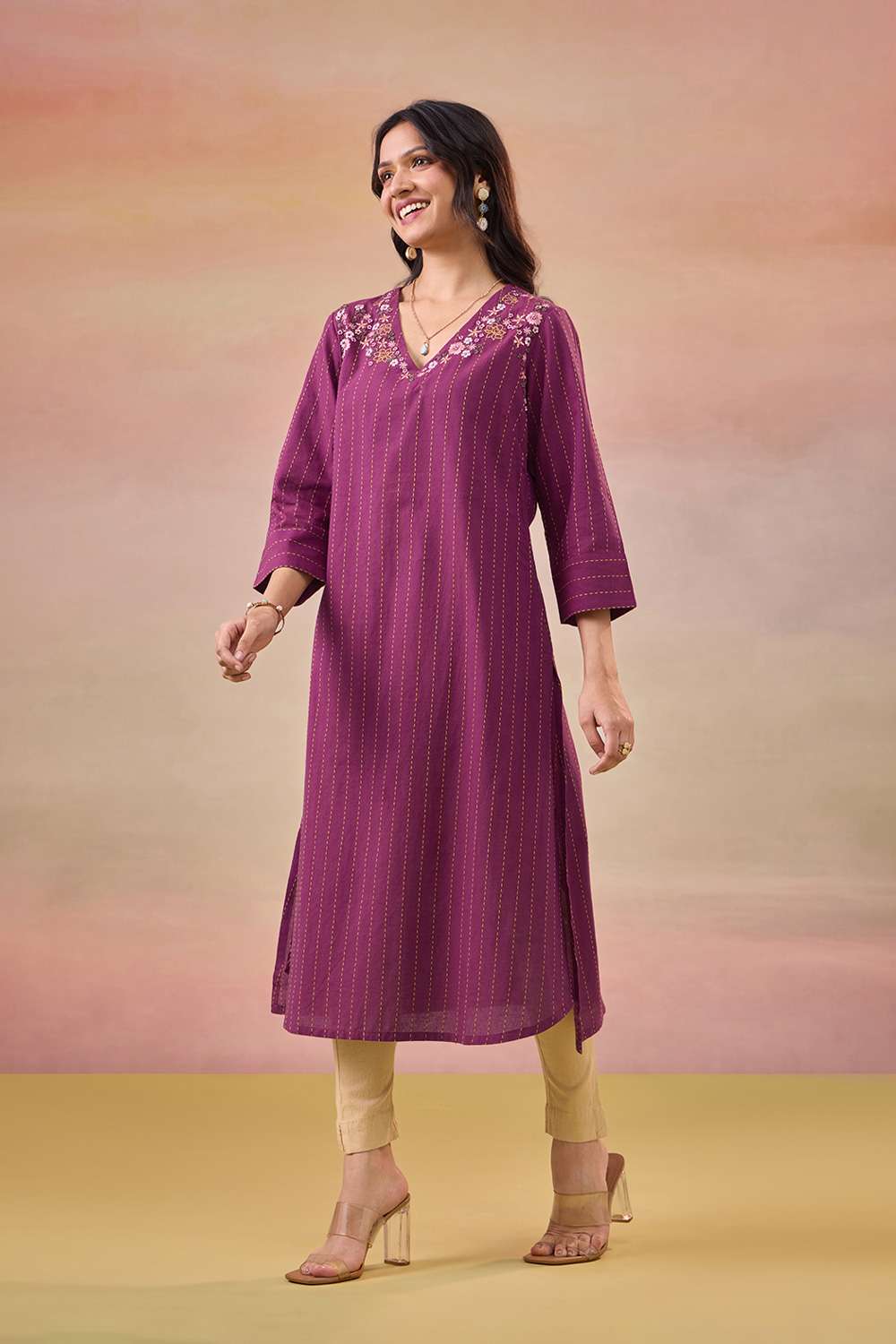 Purple Pure Cotton Embroidered Kurta image number null