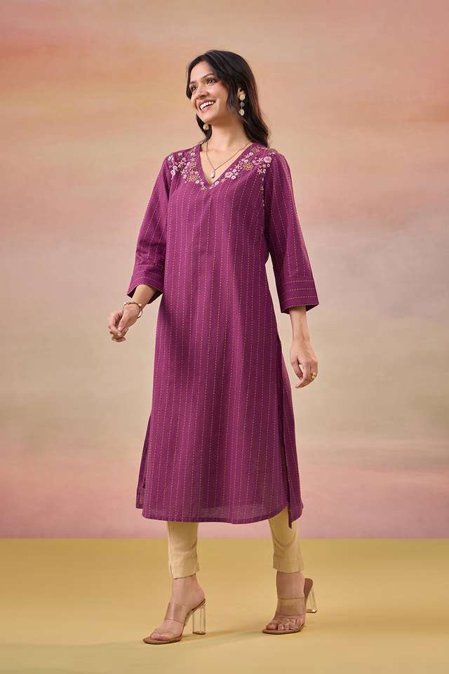 Purple Pure Cotton Embroidered Kurta thumbnail image number null