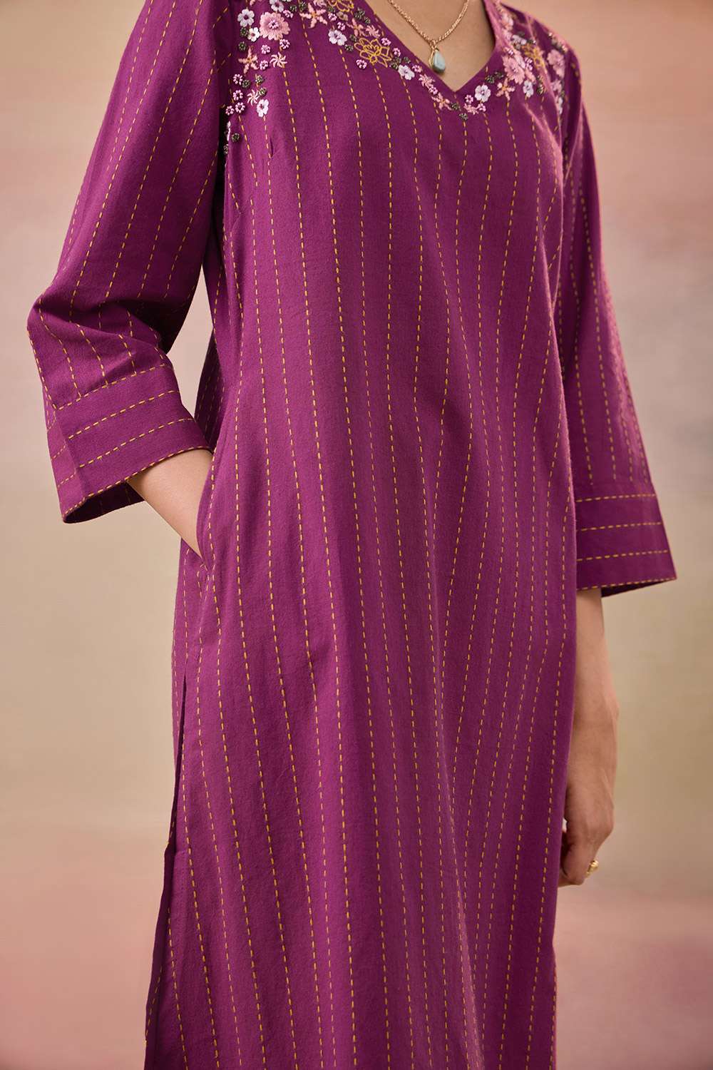 Purple Pure Cotton Embroidered Kurta image number null