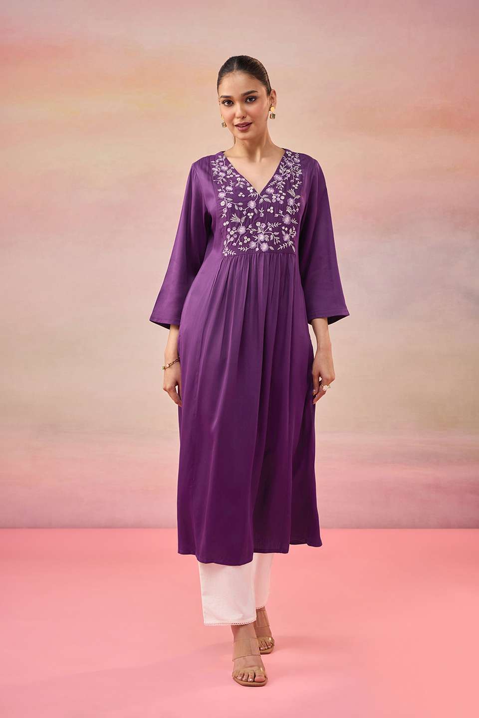 Purple Pure Viscose Embroidered Kurta