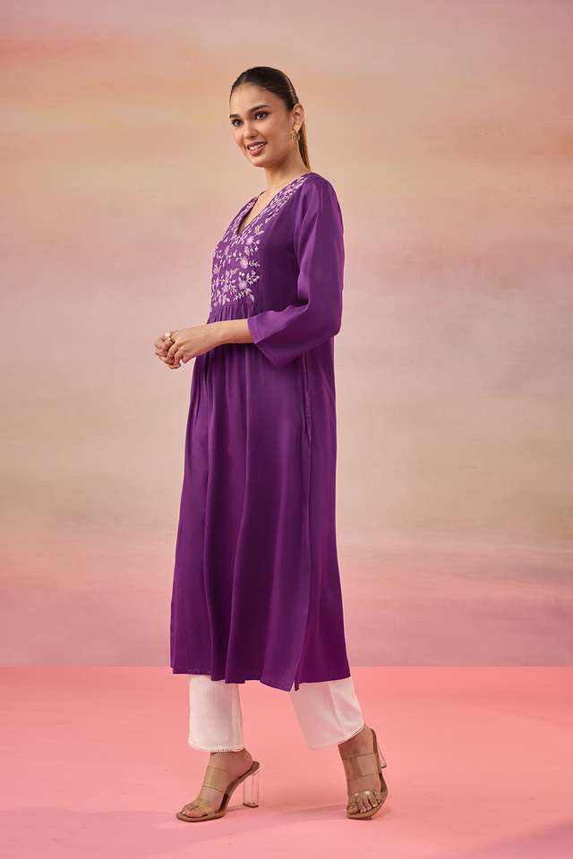 Purple Pure Viscose Embroidered Kurta thumbnail image number null