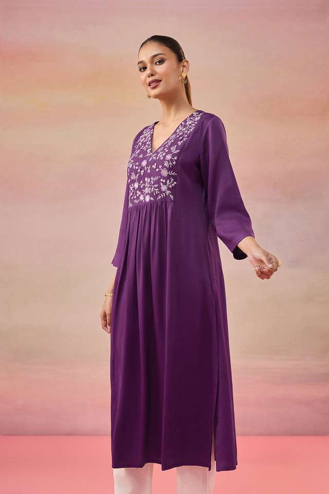 Purple Pure Viscose Embroidered Kurta thumbnail image number null