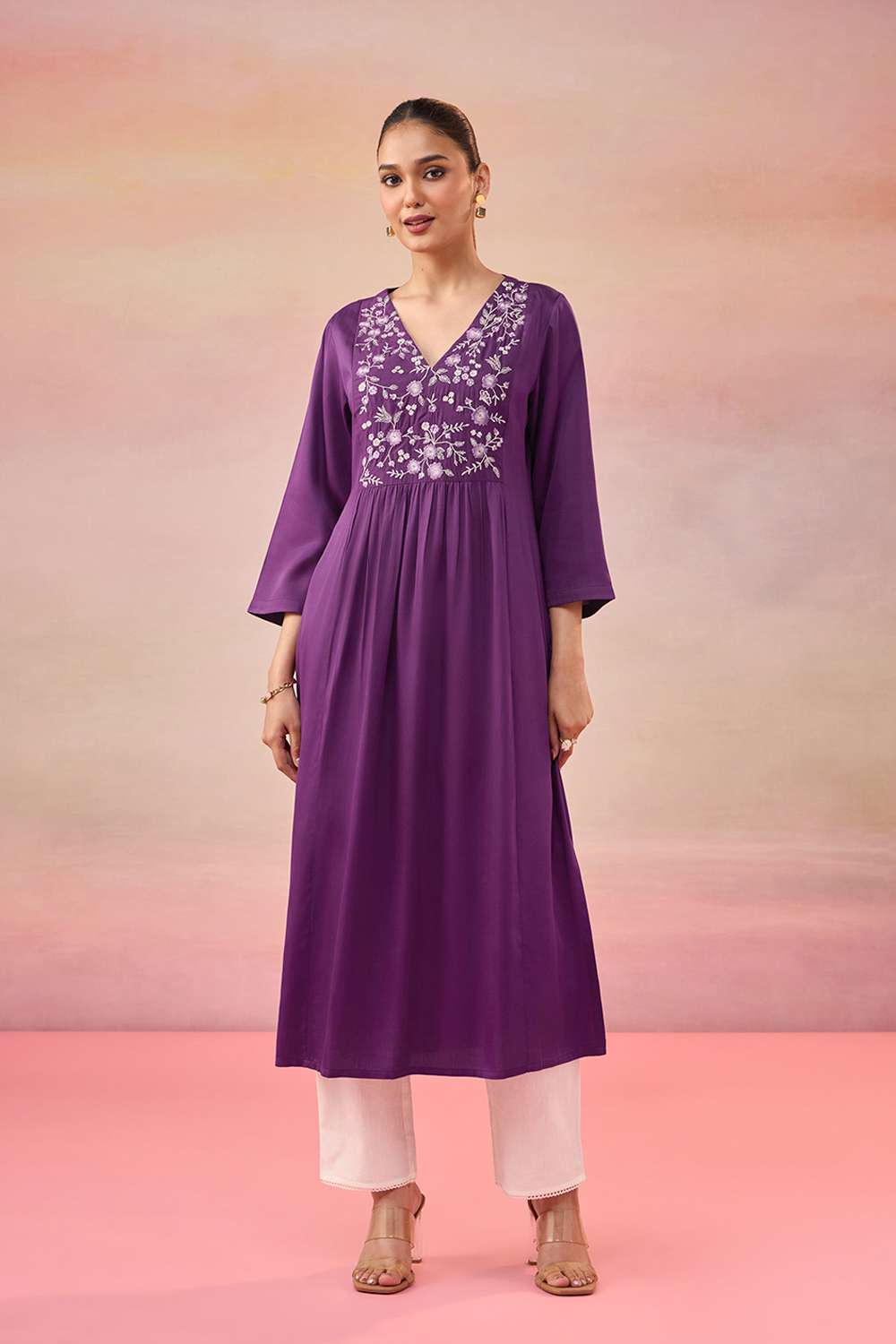 Purple Pure Viscose Embroidered Kurta image number null