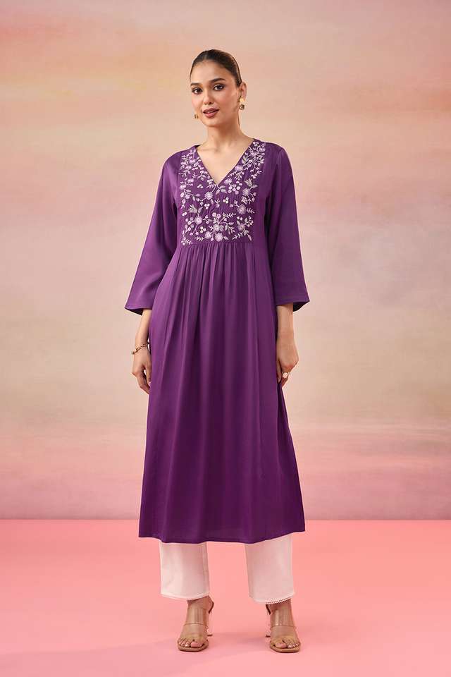 Purple Pure Viscose Embroidered Kurta thumbnail image number null