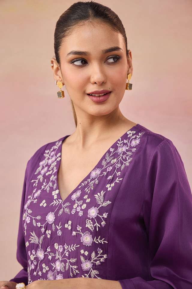 Purple Pure Viscose Embroidered Kurta thumbnail image number null