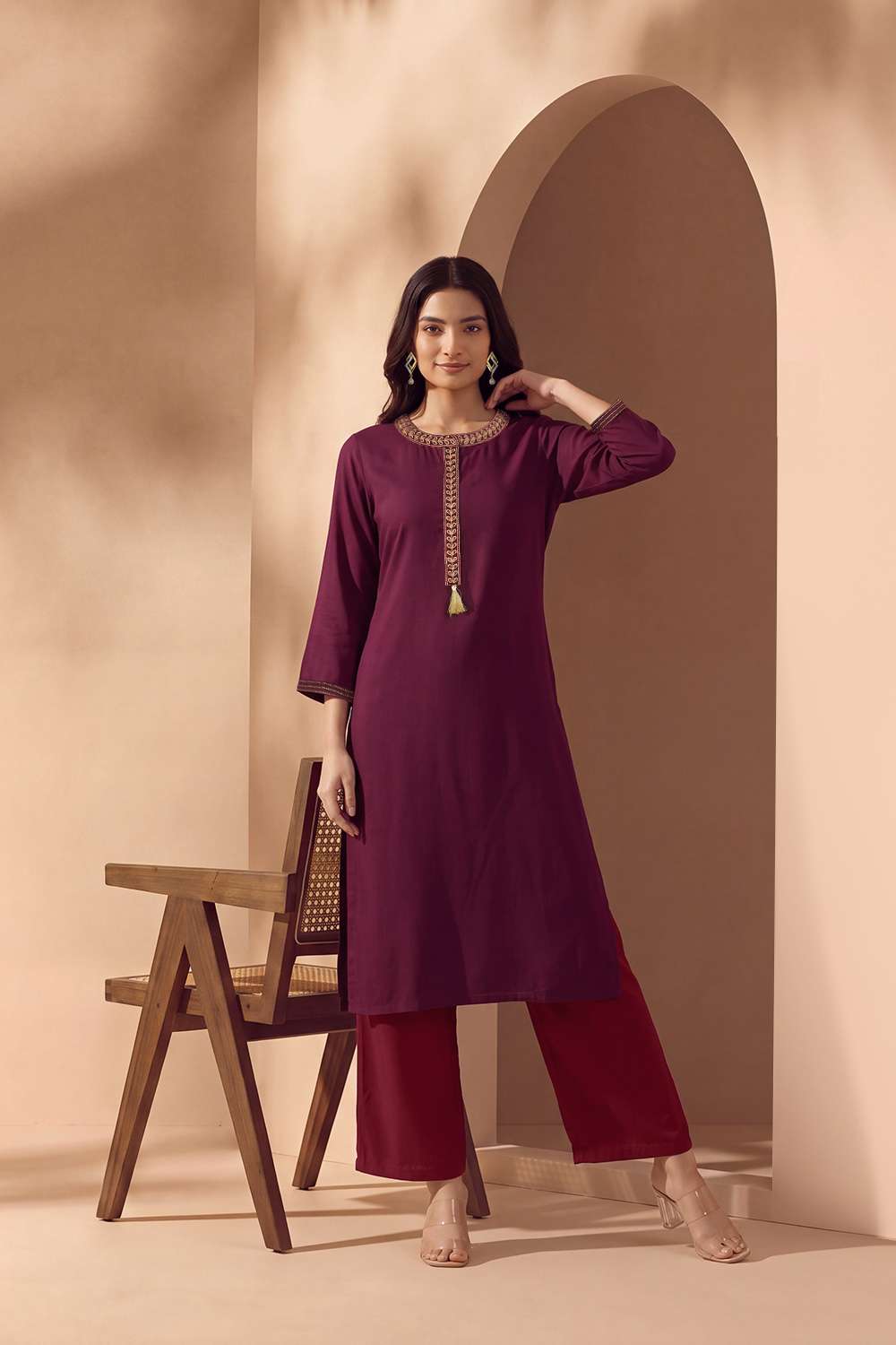 Dark Red Pure Viscose Embroidered Kurta image number null