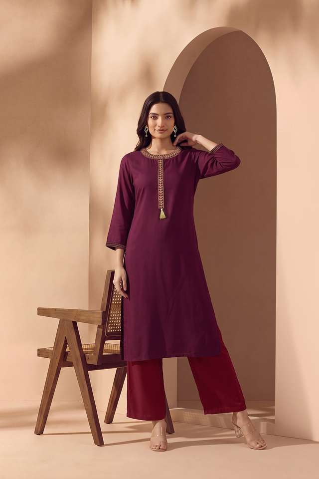 Dark Red Pure Viscose Embroidered Kurta image number