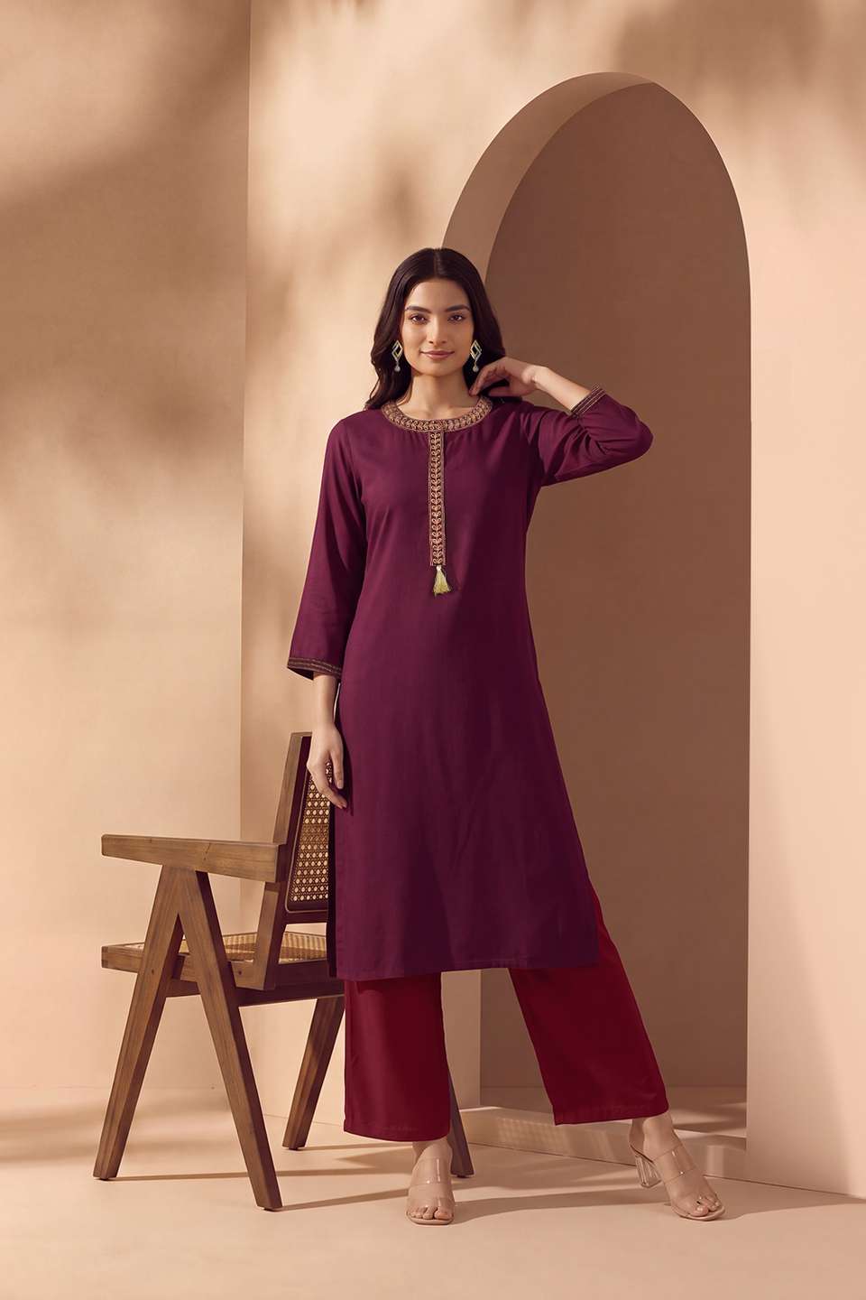 Dark Red Pure Viscose Embroidered Kurta