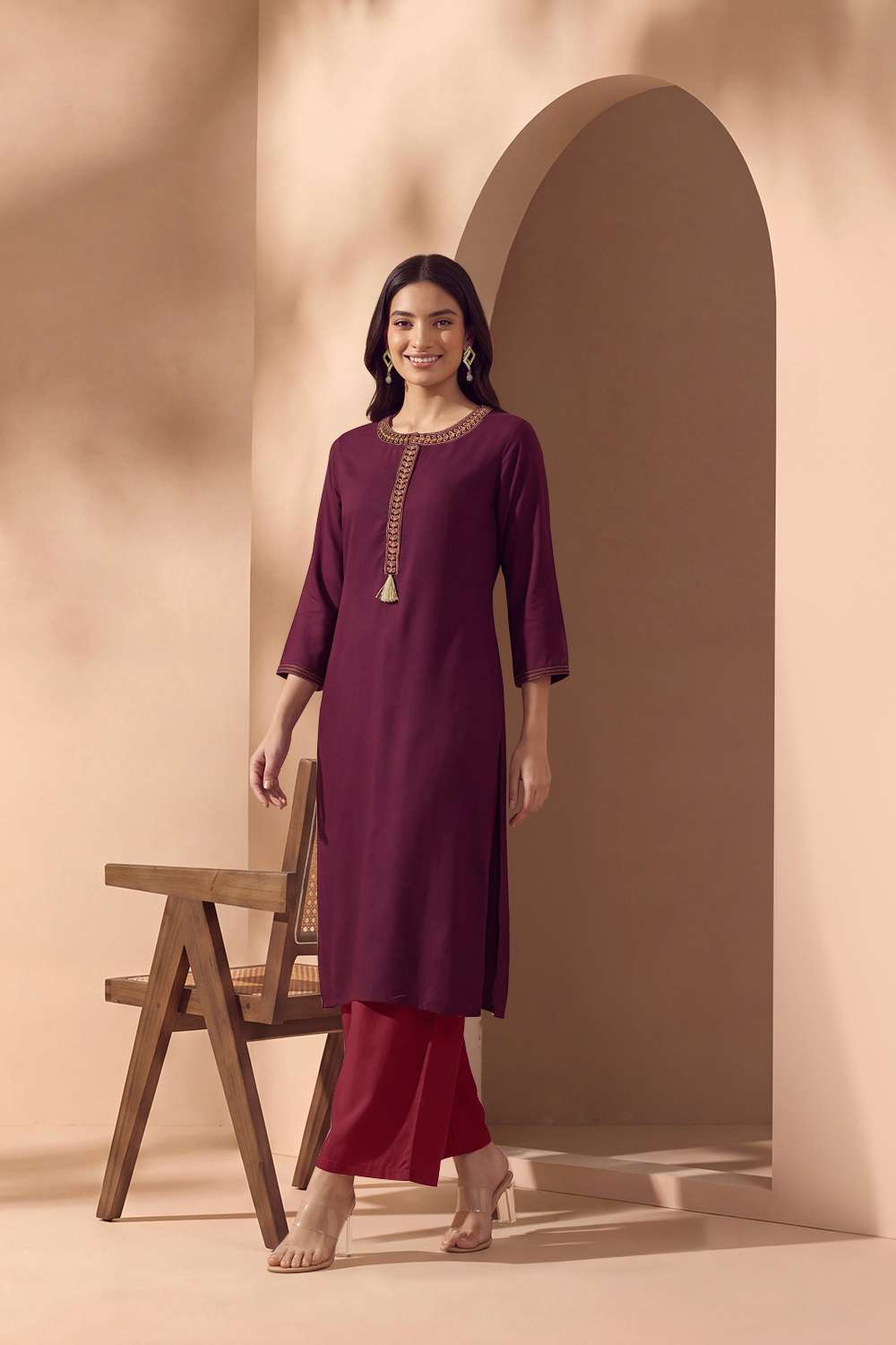 Dark Red Pure Viscose Embroidered Kurta image number null