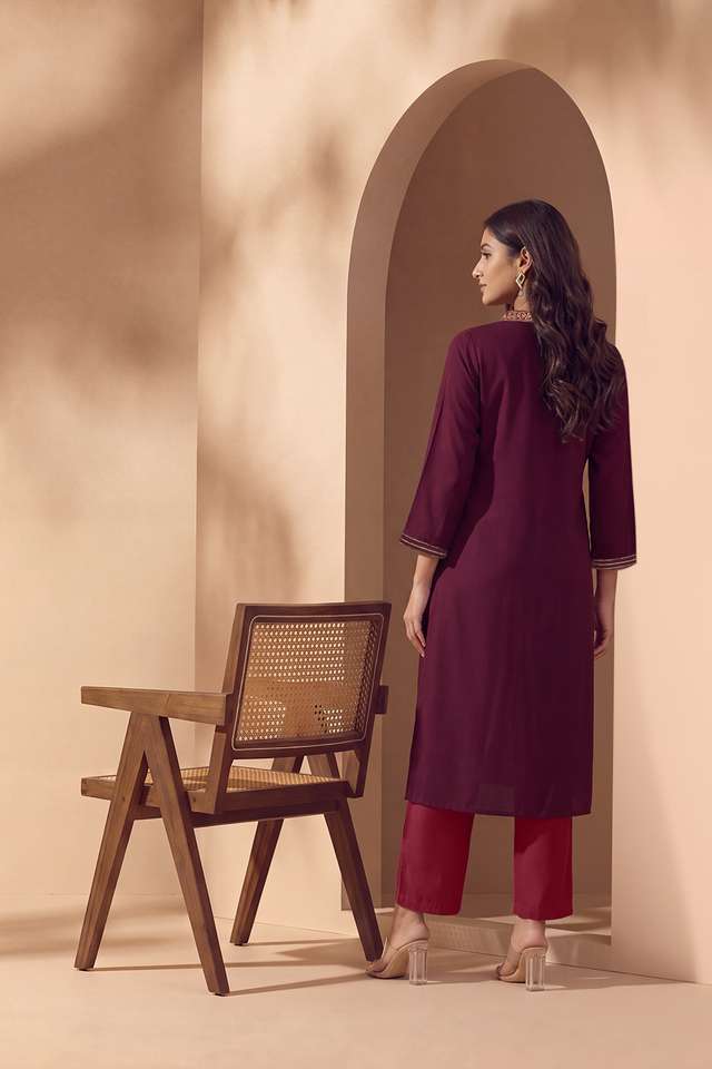 Dark Red Pure Viscose Embroidered Kurta thumbnail image number null