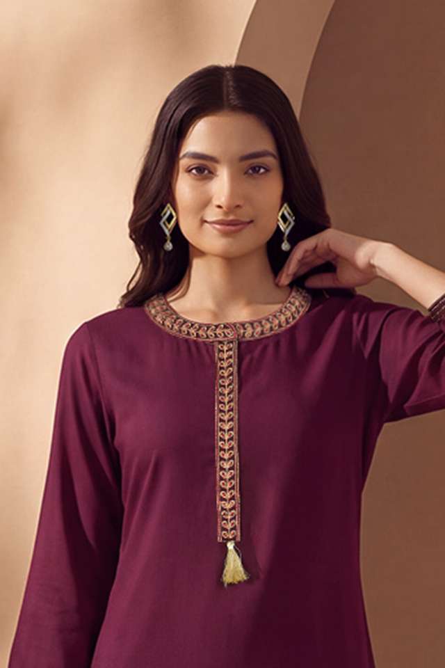 Dark Red Pure Viscose Embroidered Kurta thumbnail image number null