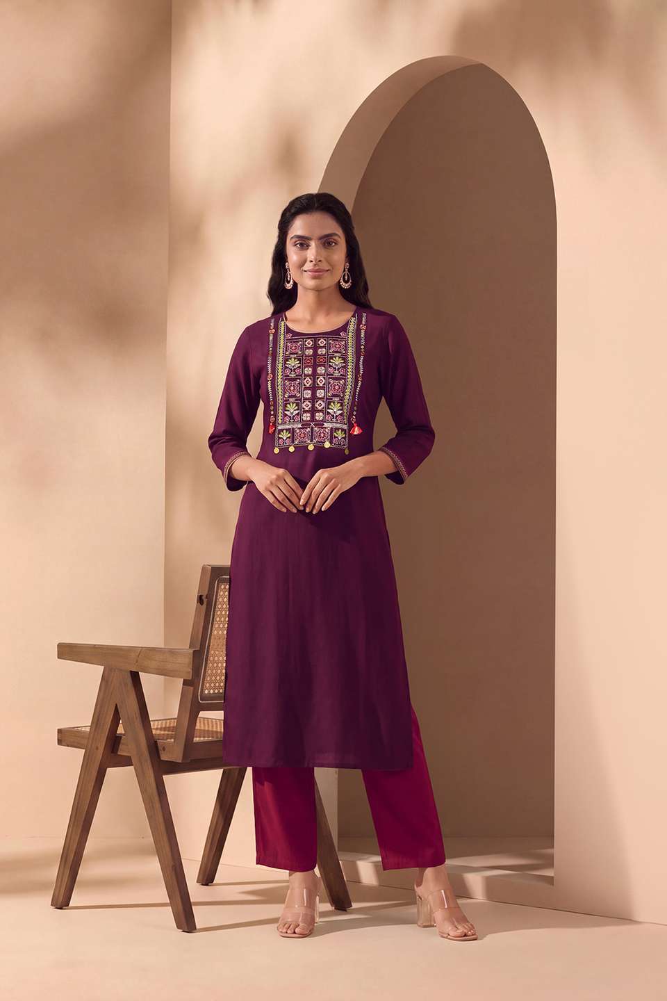 Purple Pure Rayon Embroidered Kurta
