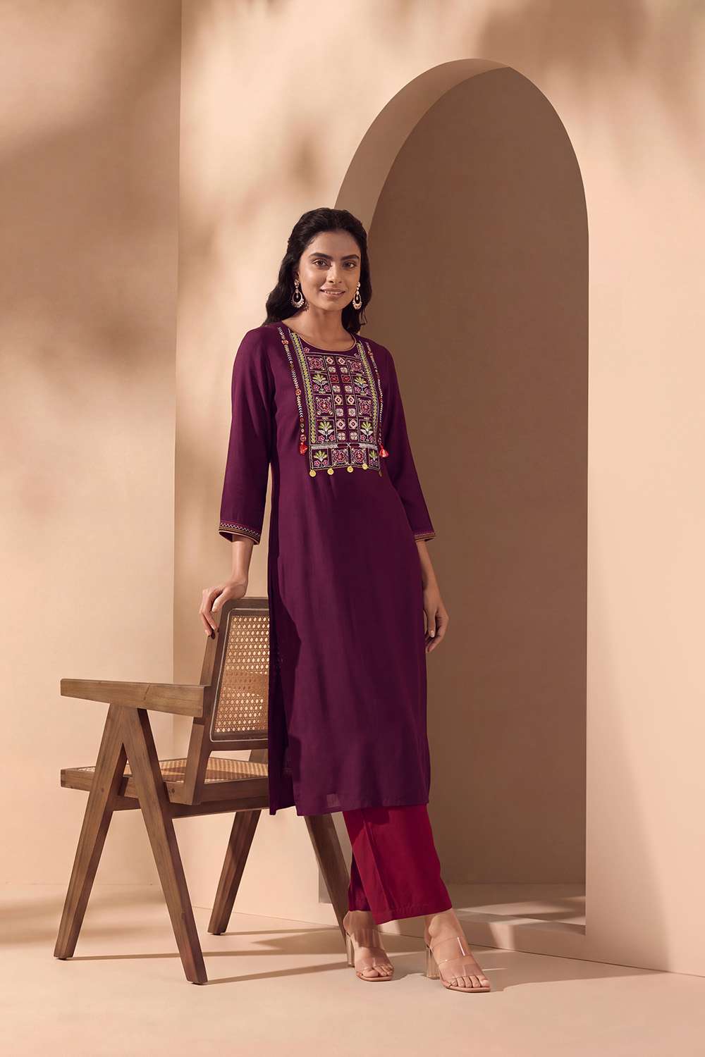Purple Pure Rayon Embroidered Kurta image number null