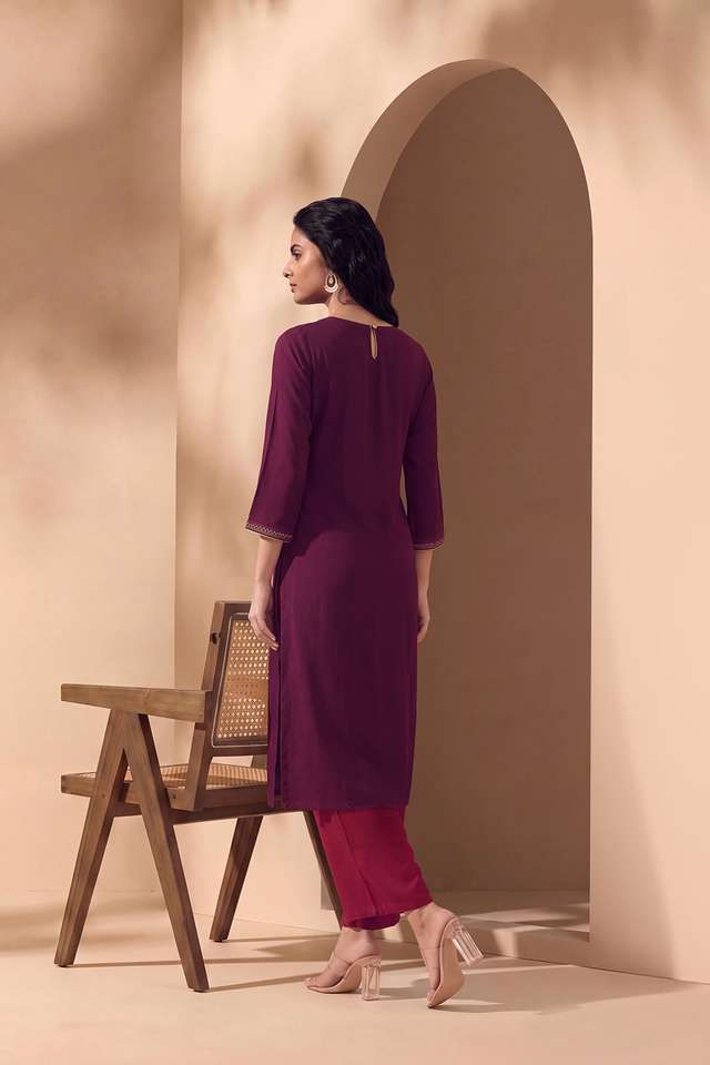 Purple Pure Rayon Embroidered Kurta thumbnail image number null