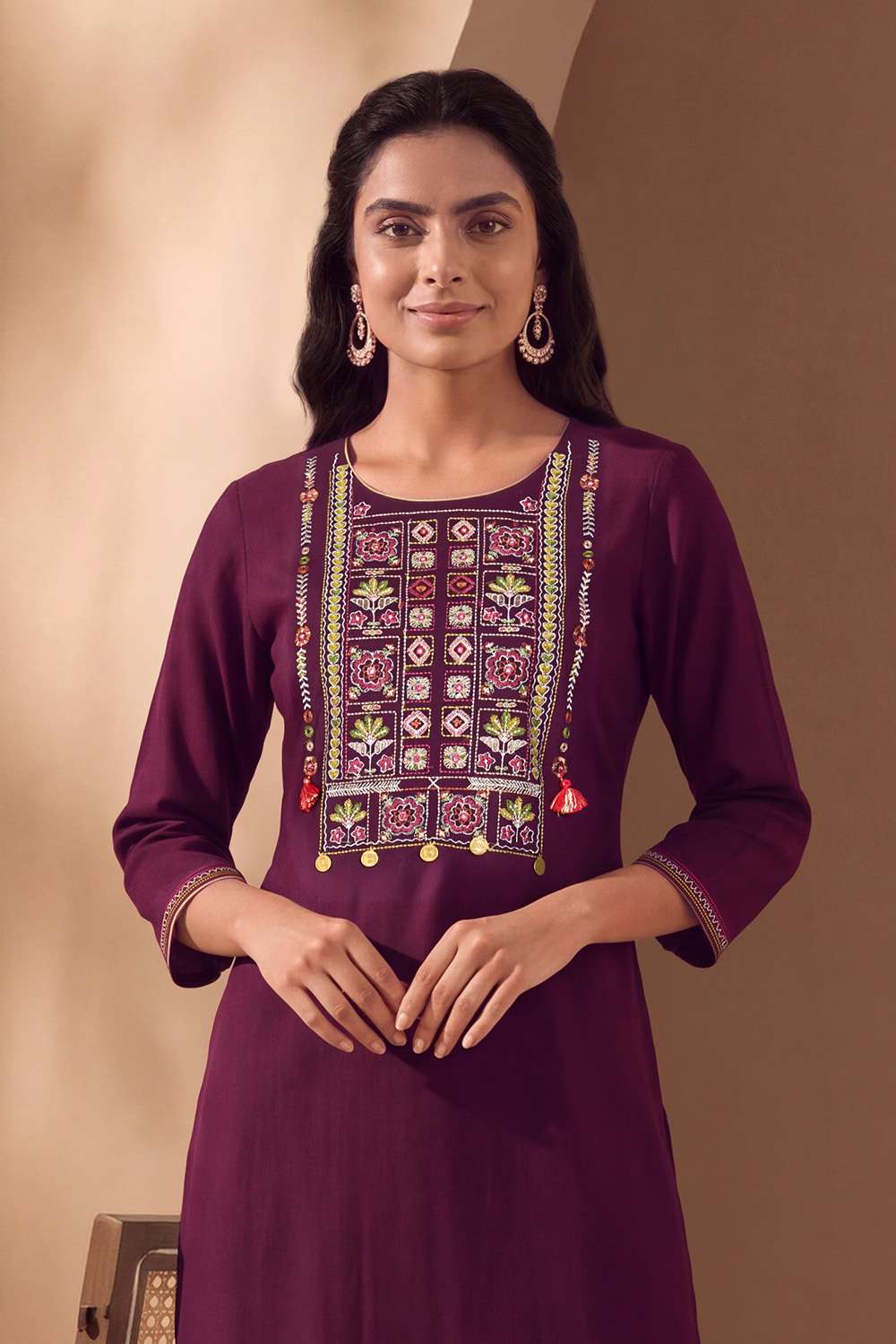 Purple Pure Rayon Embroidered Kurta image number null