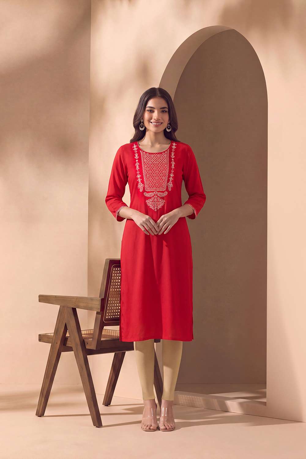 Red Pure Rayon Embroidered Kurta image number null