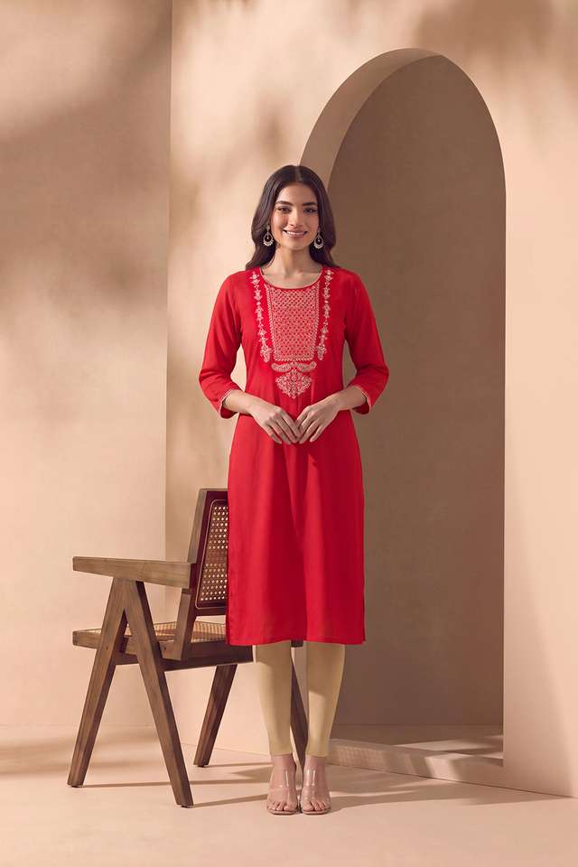 Red Pure Rayon Embroidered Kurta image number
