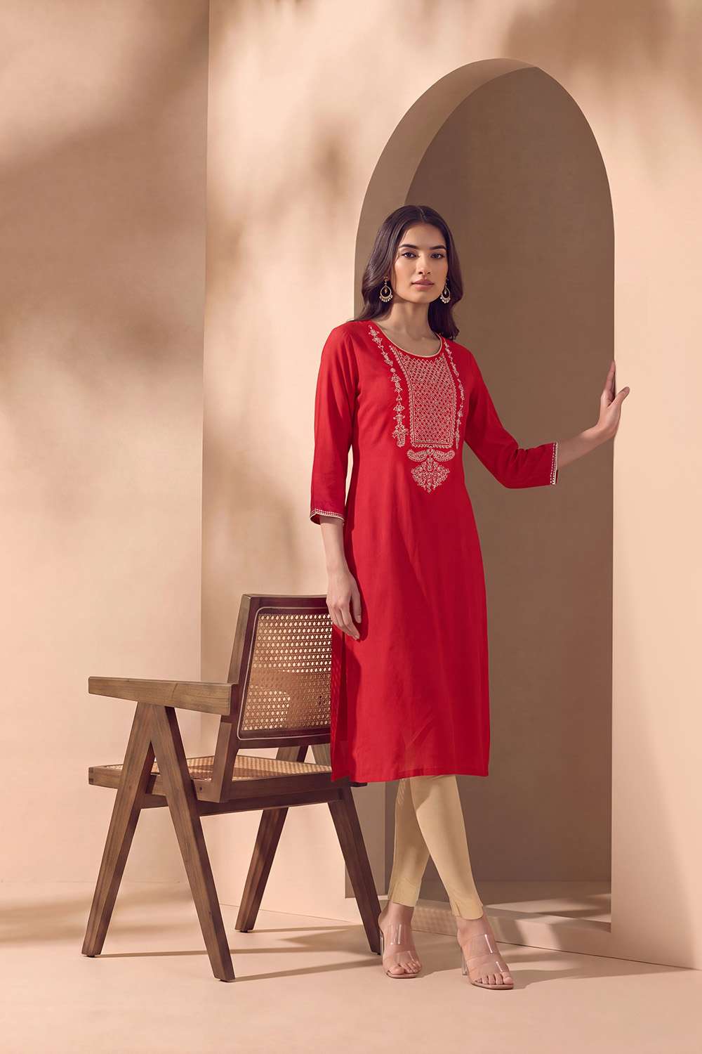 Red Pure Rayon Embroidered Kurta image number null
