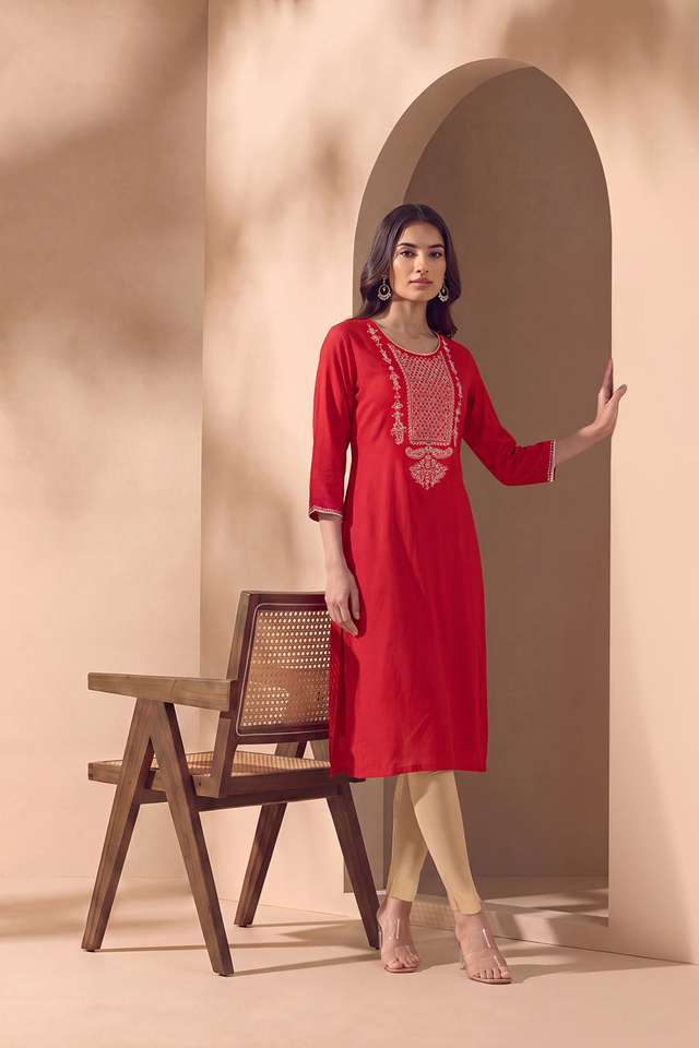 Red Pure Rayon Embroidered Kurta thumbnail image number null