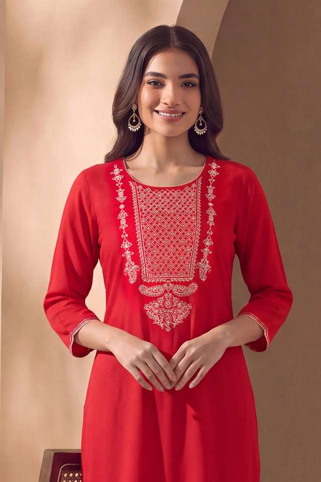 Red Pure Rayon Embroidered Kurta thumbnail image number null