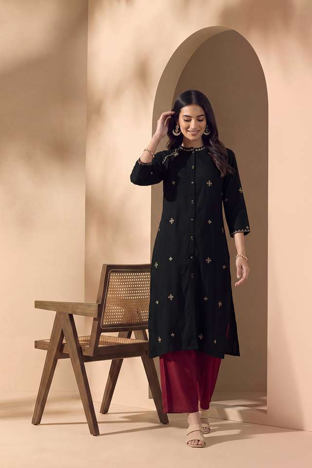 Black Pure Rayon Embroidered Kurta image number