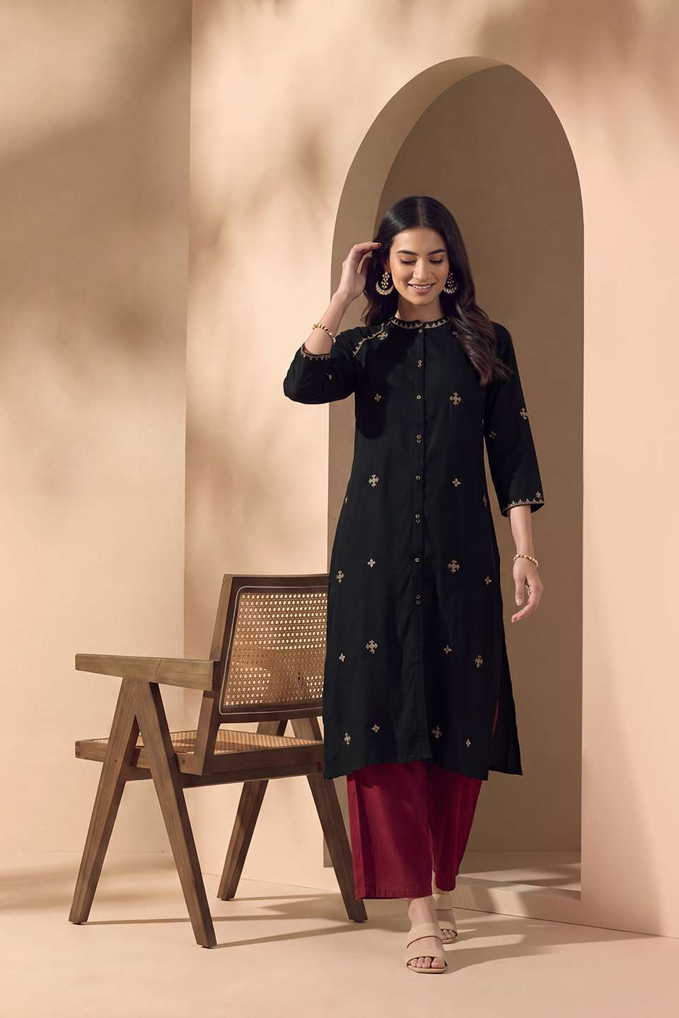 Black Pure Rayon Embroidered Kurta