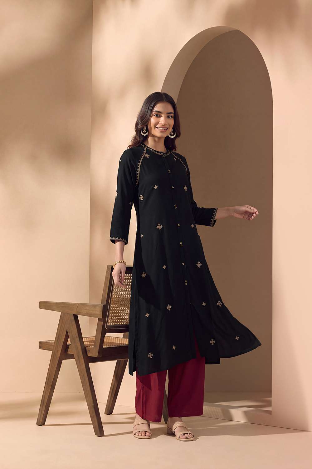 Black Pure Rayon Embroidered Kurta image number null