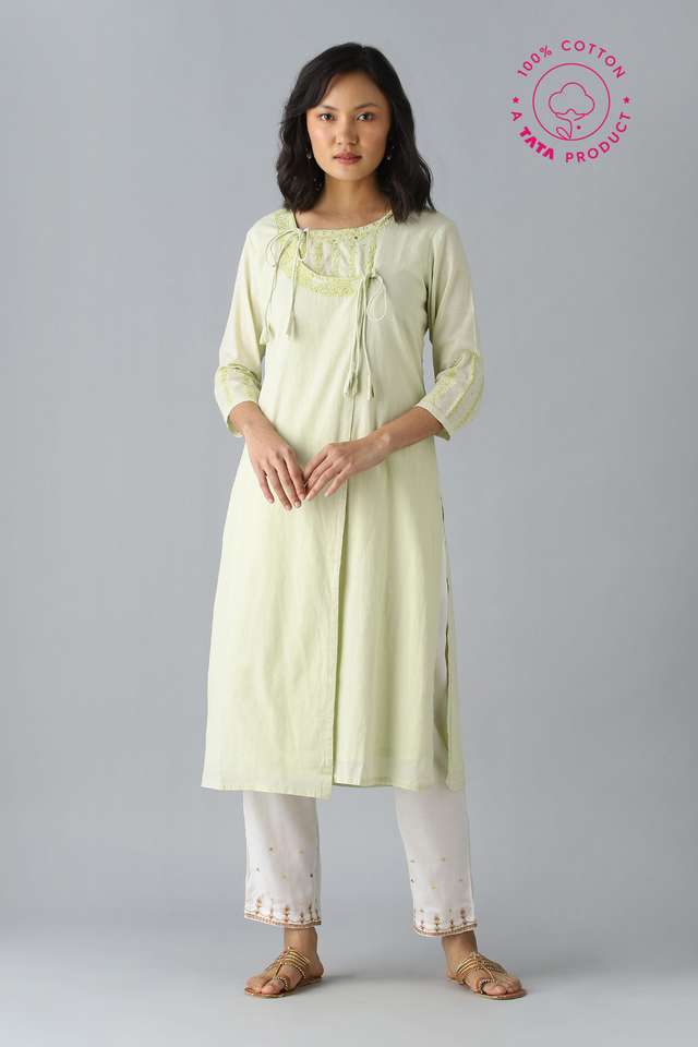 Light Green Embroidered Cotton Kurta image number