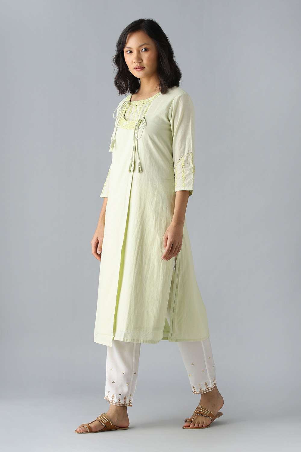 Light Green Embroidered Cotton Kurta image number null