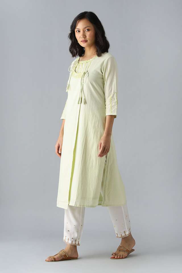 Light Green Embroidered Cotton Kurta thumbnail image number null