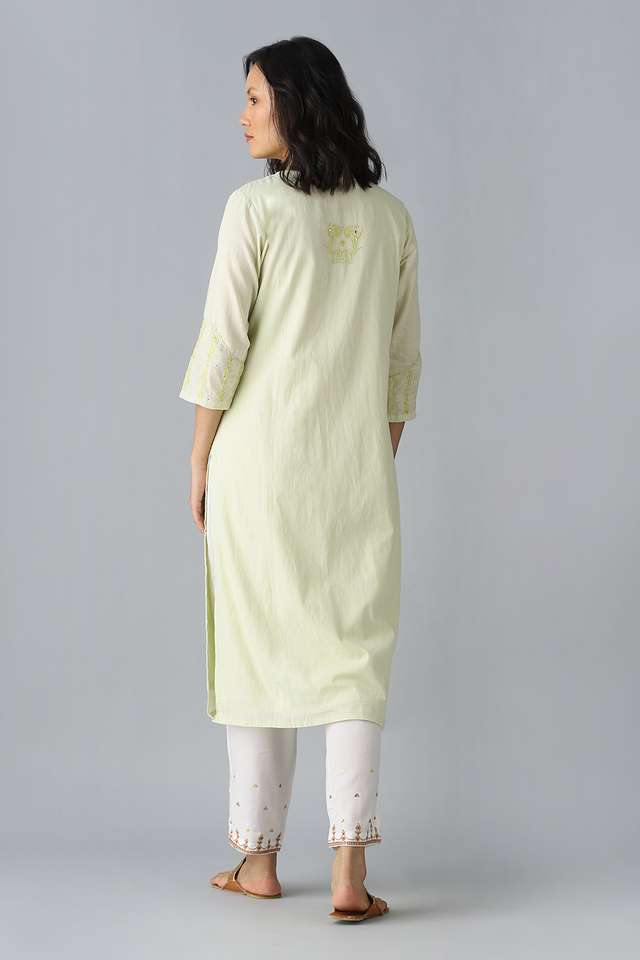 Light Green Embroidered Cotton Kurta thumbnail image number null
