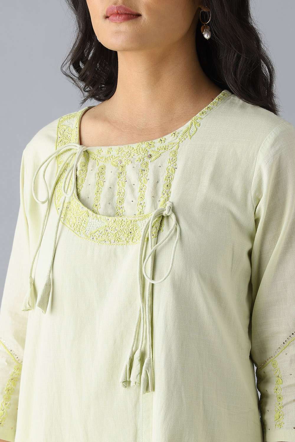 Light Green Embroidered Cotton Kurta image number null