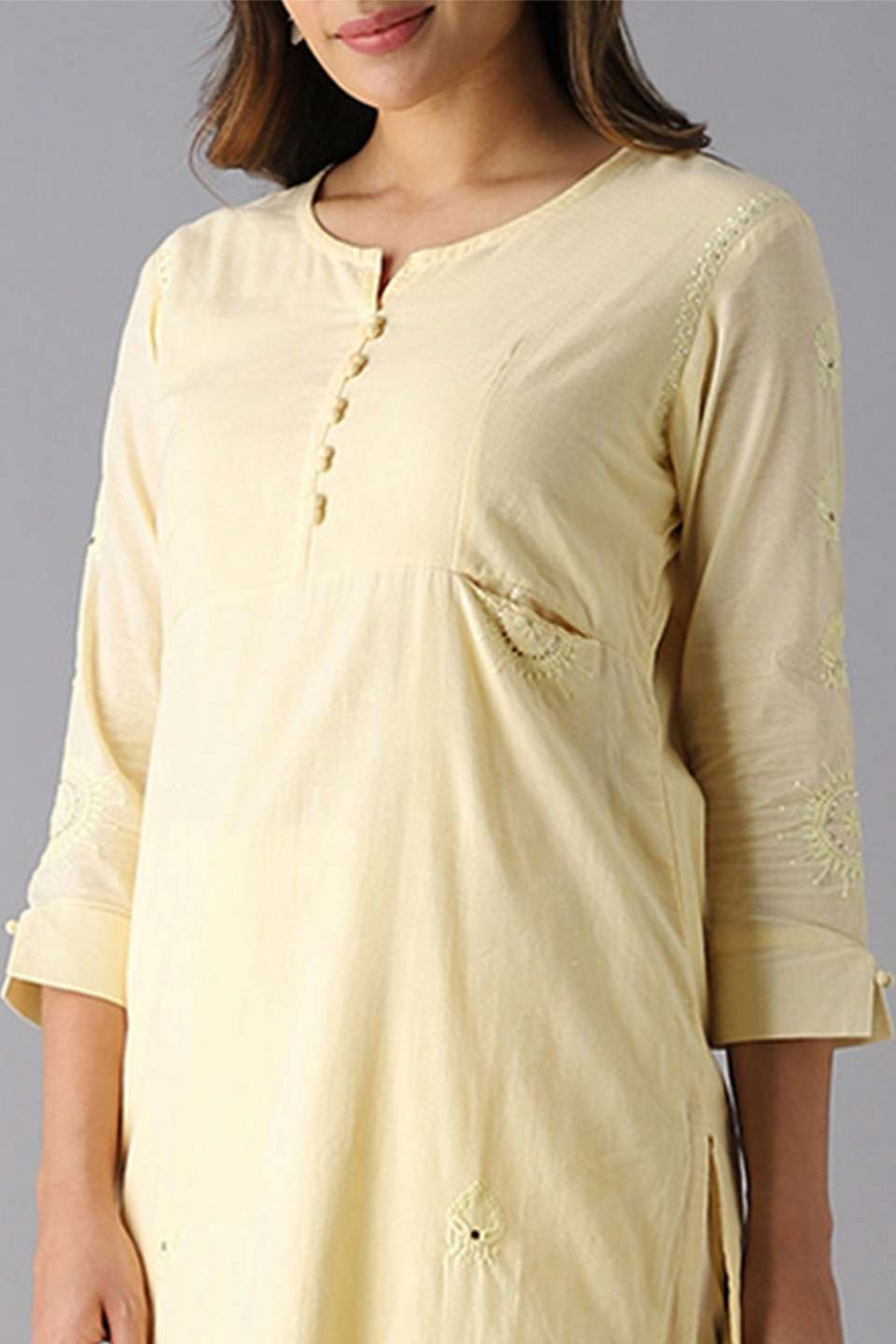 Light Yellow Cotton Embroidered Kurta