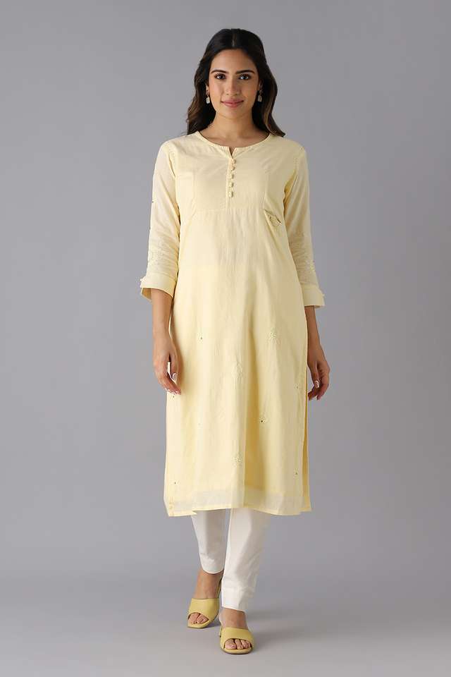 Light Yellow Cotton Embroidered Kurta thumbnail image number null