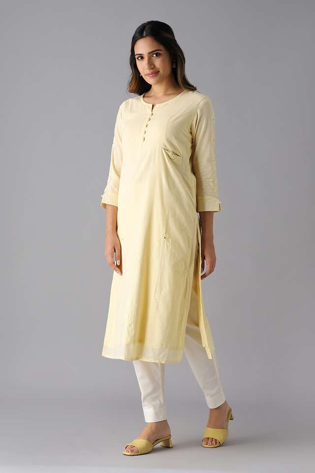 Light Yellow Cotton Embroidered Kurta thumbnail image number null