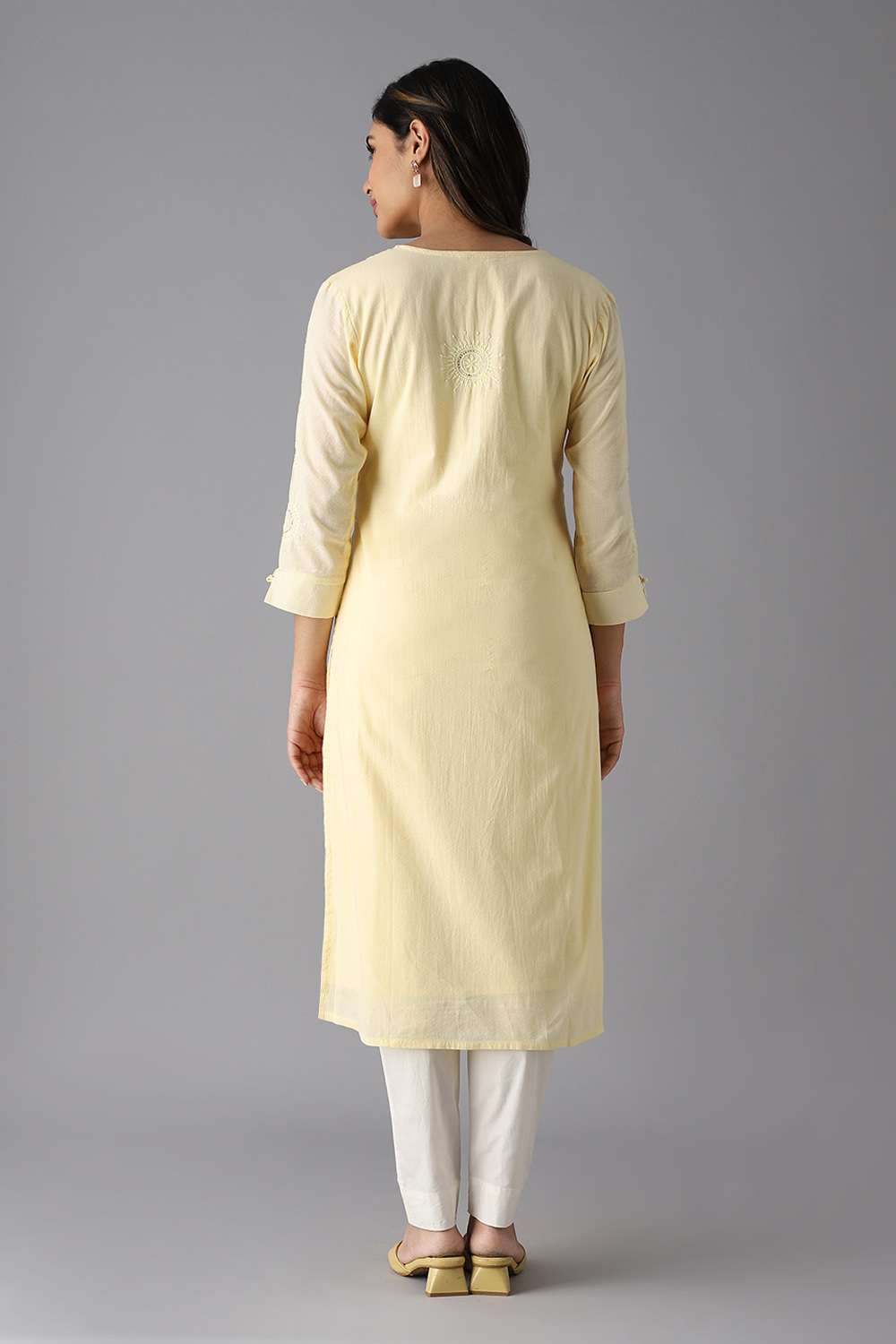 Light Yellow Cotton Embroidered Kurta image number null