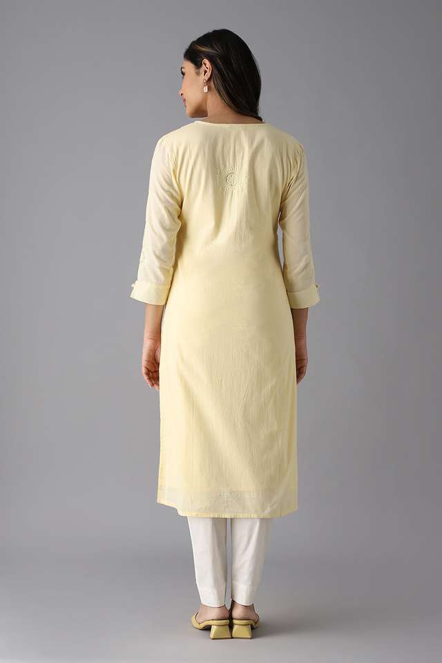 Light Yellow Cotton Embroidered Kurta thumbnail image number null