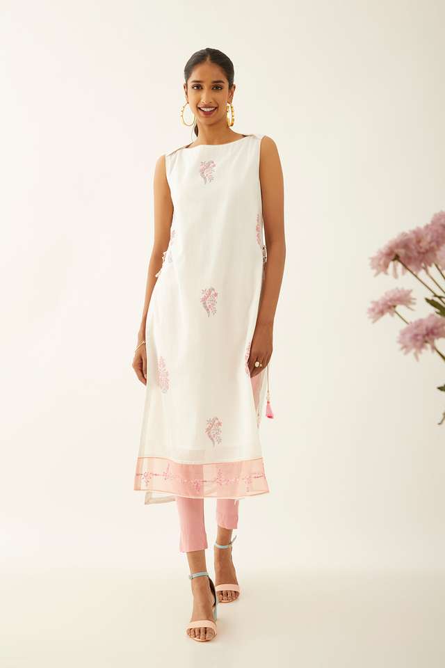 Off White Viscose Block Printed Kurta image number
