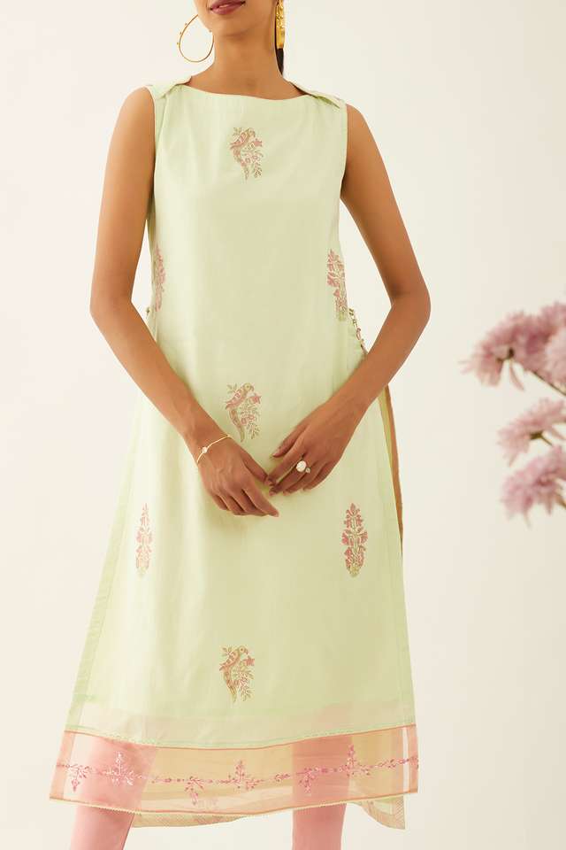 Light Green Viscose Block Printed Kurta image number