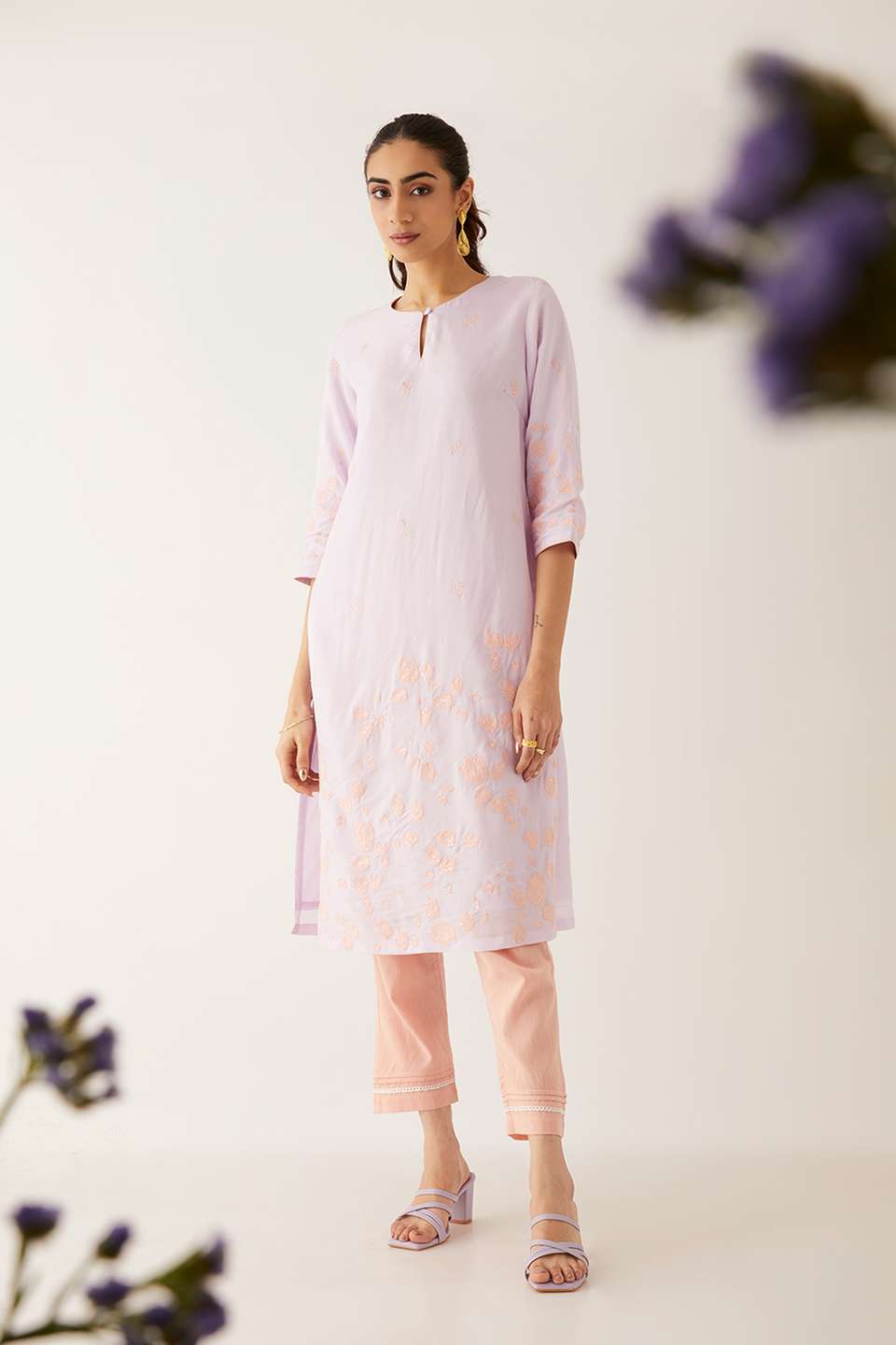 Light Violet Viscose Embroidered Kurta